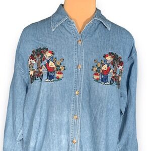 Vintage Chambray Denim Shirt Embroidered Farmhouse‎ Teddy Bears Apples Fall Plus